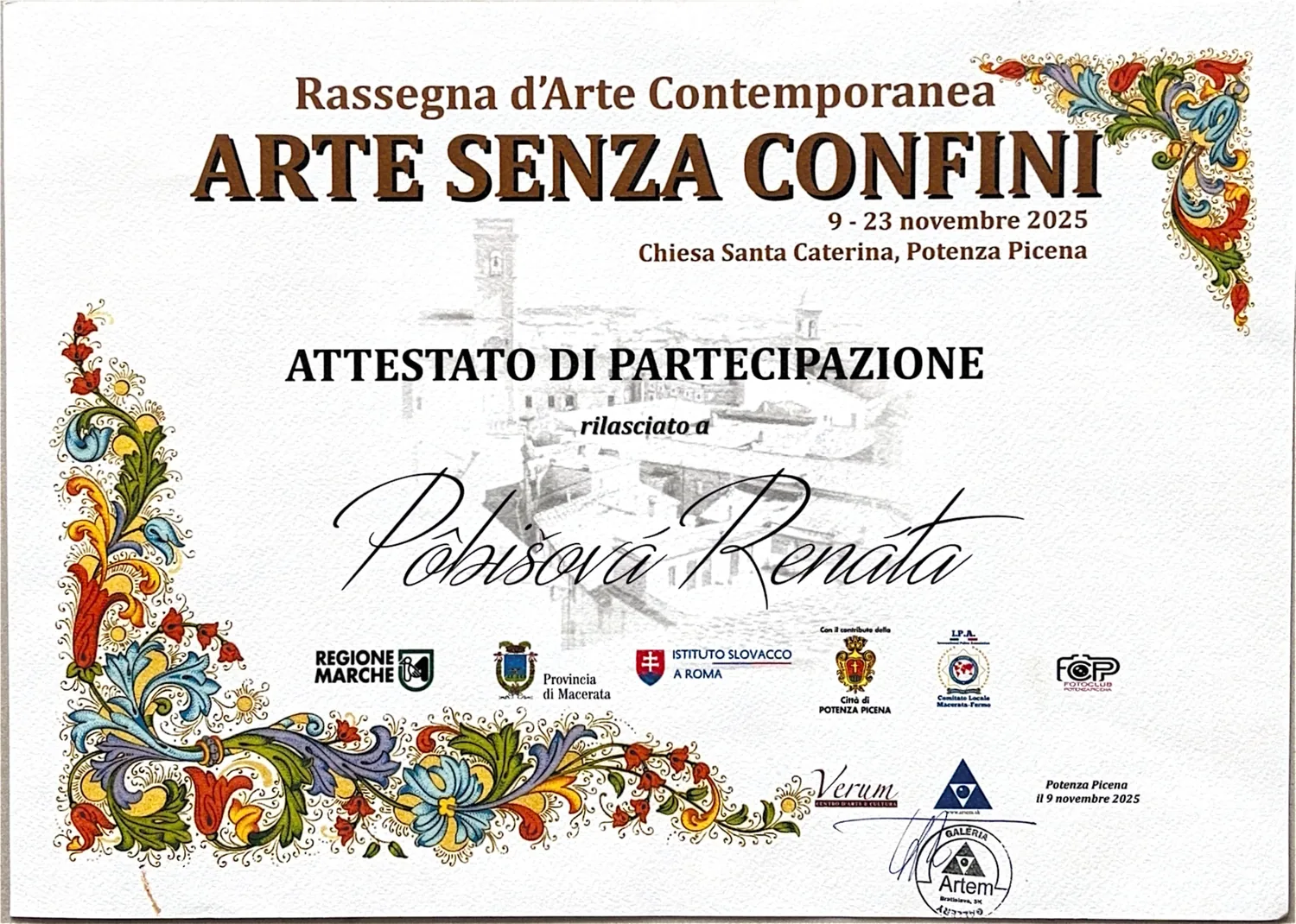 Arte Senza Confini — attestato di partecipazione, Potenza Picena 2025